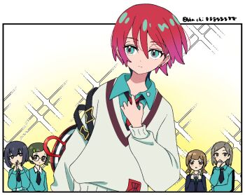 5girls amate_yuzuriha aqua_eyes aqua_shirt bag bhachi88888888 black_hair blush brown_hair closed_mouth commentary_request glasses glowing gundam gundam_gquuuuuux hair_ornament long_sleeves looking_at_viewer multicolored_hair multiple_girls necktie open_mouth red_hair school_bag school_uniform shirt short_hair smile striped_necktie sweater twintails upper_body