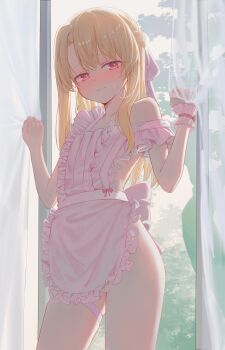 Rule 34 | 1girl, absurdres, apron, blonde hair, blush, closed mouth, commentary, cowboy shot, curtains, fate/kaleid liner prisma illya, fate (series), flat chest, frilled apron, frills, hands up, highres, huge filesize, illyasviel von einzbern, kaze 22, korean commentary, long hair, looking at viewer, naked apron, pink apron, red eyes, solo, thigh strap