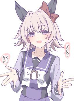 1girl animal_ears blush bow bowtie breasts curren_chan_(umamusume) ear_bow ear_covers grey_hair hair_between_eyes horse_ears horse_girl long_sleeves looking_at_viewer open_mouth purple_eyes purple_sailor_collar purple_serafuku purple_shirt purple_skirt red_bow sailor_collar sailor_shirt school_uniform serafuku shirt short_hair simple_background skirt smile solo tofu_thunder tracen_school_uniform umamusume white_background white_bow white_bowtie
