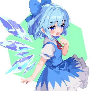 1girl 999_(hansode) :d blue_bow blue_dress blue_eyes blue_hair blue_ribbon blush_stickers bow cirno collared_shirt commentary cowboy_shot detached_wings dress frilled_dress frills hair_bow hand_up ice ice_wings index_finger_raised neck_ribbon open_mouth pinafore_dress pixel_art ribbon shirt short_hair short_sleeves sleeveless sleeveless_dress smile solo touhou white_shirt wings