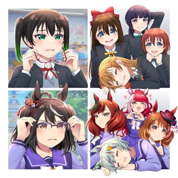 6+girls absurdres adjusting_eyewear ahoge animal_ears asaka_karin black_hair black_jacket blue_eyes blue_hair blunt_bangs blush boater_hat bow bowtie braid breasts brown_eyes brown_hair closed_eyes closed_mouth collared_shirt commentary ear_bow ear_covers ear_ribbon ears_through_headwear emma_verde facial_mark flower glasses gradient_hair green_bow green_eyes green_hair grey_hair grey_sweater_vest hair_between_eyes hair_bow hair_flower hair_ornament hairclip hat heart heart_facial_mark heart_on_cheek highres horse_ears horse_girl jacket kitasan_black_(umamusume) kitou_akari konoe_kanata kubota_miyu long_hair long_sleeves looking_at_viewer love_live! love_live!_nijigasaki_high_school_idol_club loves_only_you_(umamusume) maeda_kaori medium_hair meme multicolored_hair multiple_girls neck_ribbon nice_nature_(umamusume) nijigasaki_school_uniform north_flight_(umamusume) one_eye_closed open_mouth orange_hair osaka_shizuku parted_lips peter_parker's_glasses_(meme) purple_sailor_collar purple_serafuku purple_shirt red_bow red_eyes red_hair ribbon sailor_collar sailor_shirt sashide_maria school_uniform seiun_sky_(umamusume) serafuku shirt short_hair sidelocks ska.harumi sleeping smile streaked_hair sunflower sunflower_hair_ornament sweater_vest takasaki_yu tilted_headwear tracen_school_uniform twintails two-tone_hair umamusume voice_actor_connection white_bow white_bowtie white_hair white_shirt yano_hinaki yellow_eyes