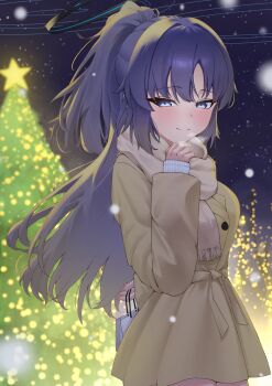 1girl absurdres adjusting_scarf arm_behind_back bag bag_behind_back black_halo blue_archive blurry blurry_foreground brown_coat brown_scarf christmas christmas_star christmas_tree closed_mouth coat commentary_request cowboy_shot gift_bag half_updo halo highres lilith_painting long_hair mechanical_halo night outdoors purple_eyes purple_hair ring_of_light_(blue_archive) scarf sleeves_past_wrists smile snowing solo tree white_bag winter_clothes yuuka_(blue_archive)