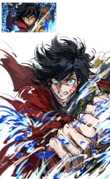 Rule 34 | 1boy, black hair, black jacket, blue eyes, clenched teeth, commentary request, empty eyes, gggggbyjokie, hair between eyes, haori, highres, holding, holding sword, holding weapon, jacket, japanese clothes, katana, kikkoumon, kimetsu no yaiba, long hair, looking at viewer, male focus, photo-referenced, print haori, red haori, simple background, solo, spiked hair, sword, teeth, tomioka giyuu, v-shaped eyebrows, weapon, white background