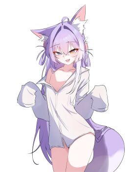 Rule 34 | 1girl, :d, absurdres, animal ear fluff, animal ears, blue eyes, commentary request, fang, flat chest, fox ears, fox girl, fox tail, hair ornament, hands up, heterochromia, highres, korean commentary, long hair, long sleeves, looking at viewer, multicolored hair, naked shirt, no pants, off shoulder, open clothes, open mouth, open shirt, partially unbuttoned, pol060, pom pom (clothes), pom pom hair ornament, purple hair, shirt, simple background, single bare shoulder, sleeves past fingers, sleeves past wrists, smile, stellive, streaked hair, tail, tenko shibuki, very long hair, virtual youtuber, white background, white hair, white shirt, yellow eyes