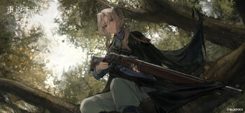 1girl ammunition black_boots black_cape blue_jacket boots cape closed_mouth copyright_name copyright_notice day feet_out_of_frame from_below grey_eyes grey_hair gun hair_ornament highres holding holding_gun holding_weapon in_tree jacket logo long_hair looking_at_viewer low_ponytail military_uniform official_art official_wallpaper on_branch outdoors pants petrification ponytail reverse:1999 rifle rifle_cartridge sentinel_(reverse:1999) sitting sitting_in_tree sitting_on_branch solo tree weapon white_pants