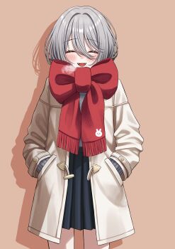 Rule 34 | 1girl, absurdres, black shirt, bow, brown background, closed eyes, coat, enpera, facing viewer, grey hair, hair between eyes, hal (haldayo913), hands in pockets, happy, highres, korobit, long bangs, long hair, miniskirt, mole, mole under eye, mole under mouth, nijisanji, open clothes, open coat, open mouth, pleated skirt, red scarf, scarf, scarf bow, shirt, skirt, solo, sophia valentine, straight-on, tongue, virtual youtuber, white coat, winter clothes