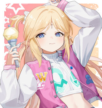 1girl absurdres blonde_hair blue_eyes cartethyia_(wuthering_waves) closed_mouth commentary crop_top dual_wielding flat_chest highres holding holding_lightstick jacket letterman_jacket long_hair looking_at_viewer official_alternate_costume parted_bangs pointy_ears shirt sidelocks solo tacet_mark_(wuthering_waves) twomoon white_shirt wuthering_waves
