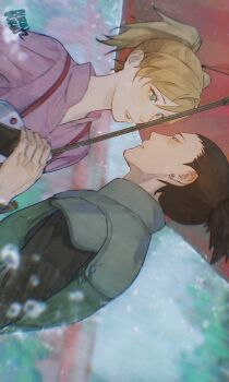 1boy 1girl black_hair black_shirt blonde_hair blue_eyes burin_burin couple earrings green_vest hair_between_eyes hetero highres holding holding_umbrella jewelry looking_at_another nara_shikamaru naruto_(series) naruto_shippuuden parted_lips pink_shirt ponytail rain shirt short_hair short_ponytail temari_(naruto) twintails umbrella upper_body vest