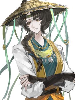 Rule 34 | 1girl, black hair, blue robe, brown hat, chinese commentary, chinstrap, closed mouth, coat, commentary request, crossed arms, green headband, hat, headband, highres, jewelry, liang yue (reverse:1999), long braid, looking to the side, necklace, official alternate costume, reverse:1999, rice hat, robe, solo, upper body, white background, white coat, yellow eyes, z. (emotional93615)