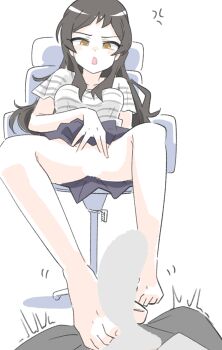 1boy 1girl anger_vein bare_legs barefoot black_skirt blank_censor brown_eyes brown_hair censored chair feet footjob hetero highres idolmaster idolmaster_million_live! kitazawa_shiho long_hair no_panties ohgi910 on_chair open_mouth penis shirt short_sleeves simple_background sitting skirt spread_pussy spreading_own_pussy striped_clothes striped_shirt toes white_background