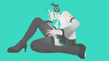 1girl aqua_background aqua_eyes aqua_hair aqua_nails aqua_necktie aqua_ribbon aqua_trim arm_tattoo bare_shoulders belt black_shoes black_skirt black_thighhighs blending blush bright_pupils chain_belt closed_mouth collared_shirt detached_sleeves empty_eyes expressionless flat_color foreshortening from_below gradient_sleeves grey_sleeves hair_between_eyes hand_on_own_cheek hand_on_own_face hand_on_own_thigh hashtag-only_commentary hatsune_miku hatsune_miku_(nt) head_tilt headphones headset high_heels highres light_frown looking_at_viewer looking_down loose_belt miniskirt neck_ribbon necktie number_tattoo perspective piapro_studio pleated_skirt red_tattoo ribbon see-through_clothes see-through_sleeves shirt shoes sidelocks sitting skirt sleeveless sleeveless_shirt solo tadanotarosuke tattoo thighhighs two-tone_sleeves vocaloid white_pupils white_shirt white_sleeves wing_collar zettai_ryouiki