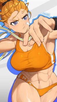 1girl :t abs absurdres artist_name bandaid bandaid_on_cheek bandaid_on_face blue_eyes breasts captain_mizuki colored_shadow commentary cowboy_shot earrings english_commentary facing_viewer highres jewelry looking_ahead mixed-language_commentary muscular muscular_female one-punch_man orange_hair orange_panties orange_sports_bra panties ponytail shadow simple_background sports_bra tettora underwear white_background