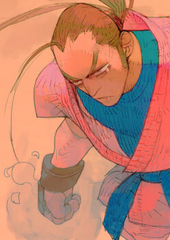 Rule 34 | 1boy, ahoge, brown hair, clenched hand, commentary, dougi, fingerless gloves, gloves, hibiki dan, highres, long hair, male focus, martial arts belt, ponytail, single tear, solo, street fighter, umezawa michiko