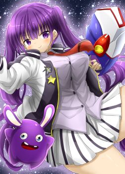 1girl blue_eyes buck_teeth clockwork_rabbit closed_mouth crossover gochuumon_wa_usagi_desu_ka? highres holding holding_weapon long_hair looking_at_viewer marihei64ds mario_(series) mario_+_rabbids_sparks_of_hope necktie nintendo purple_eyes purple_hair rabbid_luma raving_rabbids shirt skirt smile tedeza_rize teeth twintails weapon