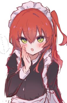 alternate_costume apron black_dress blush bocchi_the_rock! commentary_request cupping_hands dress enmaided frilled_apron frills highres kemu1209 kita_ikuyo long_hair long_sleeves maid maid_apron maid_headdress one_side_up open_mouth own_hands_together red_hair shirt translation_request waist_apron white_apron white_shirt wrist_cuffs yellow_eyes