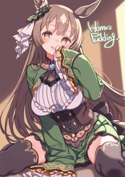 1girl animal_ears breasts brown_hair ear_ornament highres horse_ears horse_girl large_breasts long_hair puddinghomhom satono_diamond_(umamusume) solo thighhighs umamusume