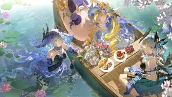 3girls absurdres alternate_costume arm_rest arm_support armband baguette bare_shoulders black_gloves black_thighhighs blonde_hair blue_armband blue_bow blue_choker blue_dress blue_eyes blueberry blunt_bangs boat bouquet bow bowl bread breasts bug butterfly butterfly_on_hand cake chinese_commentary choker commentary_request crossed_bangs curly_hair detached_collar dress dress_bow duet_night_abyss filbert_(duet_night_abyss) fingerless_gloves flower flower_basket food frilled_dress frills fruit full_body gloves green_dress grey_hair guaisanmu hair_between_eyes hair_bow hair_over_one_eye hat head_bow head_tilt highres horns in_water insect leaning lily_pad long_dress long_hair looking_at_viewer lying medium_breasts multiple_girls musical_note on_boat pig plate psyche_(duet_night_abyss) rebecca_(duet_night_abyss) short_hair sideboob single_thighhigh sitting smile strawberry thighhighs truffle_(duet_night_abyss) twintails veil wariza water watercraft white_hair white_hat white_veil yellow_eyes