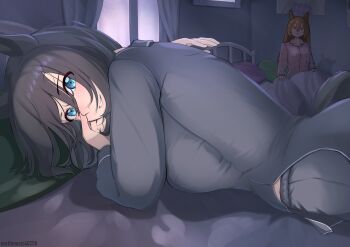 Rule 34 | 2girls, absurdres, animal ears, bed, black hair, black pajamas, blue eyes, blush, breasts, brown hair, commentary, earthmusic40258, eishin flash (umamusume), hair between eyes, highres, horse ears, horse girl, indoors, large breasts, long hair, looking at viewer, lying, multiple girls, on bed, on stomach, pajamas, pillow, pink pajamas, short hair, smart falcon (umamusume), umamusume