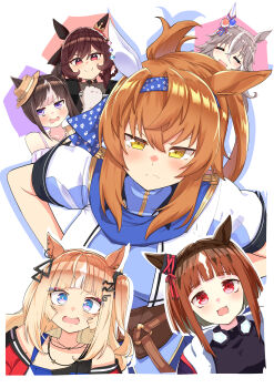 6+girls absurdres animal_ears arched_bangs black_dress black_shirt blue_eyes blue_hairband blue_shirt blunt_bangs blush braid braided_hair_rings brown_hair brown_hat closed_eyes closed_mouth commentary_request dress dumbbell ear_covers ears_through_headwear espoir_city_(umamusume) furioso_(umamusume) gentildonna_(umamusume) grey_hair hair_between_eyes hair_rings hairband hands_on_own_hips hat highres hokko_tarumae_(umamusume) holding holding_dumbbell horse_ears horse_girl jacket kichi_tik long_hair looking_at_viewer multicolored_hair multiple_girls off-shoulder_shirt off_shoulder one_side_up open_clothes open_jacket open_mouth orange_hair pink_shirt purple_eyes red_eyes red_jacket shirt short_hair short_sleeves smile transcend_(umamusume) two-tone_hair umamusume white_hair white_jacket white_shirt wonder_acute_(umamusume) yellow_eyes