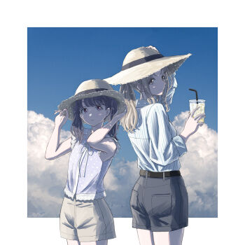 2girls absurdres black_hair blue_shirt brown_eyes brown_hair commentary_request cup disposable_cup drinking_straw fukumaru_koito hat height_difference highres ichikawa_hinana idolmaster idolmaster_shiny_colors long_hair looking_at_viewer multiple_girls polka_dot polka_dot_shirt ponytail purple_eyes purple_shirt shirt shorts sleeveless sleeveless_shirt straw_hat striped_clothes striped_shirt swept_bangs t_takahashi_(ixtl416) twintails vertical-striped_clothes vertical-striped_shirt