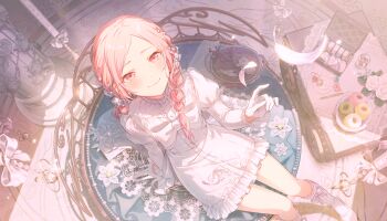 1other akiyama_mizuki arm_support blush bow braid chest_bow closed_mouth colorful_palette column dot_nose dress earrings feathers flower food foot_out_of_frame frilled_dress frills game_asset gem gloves hair_ornament hair_ribbon heart heart_hair_ornament highres jewelry juliet_sleeves lace lips long_hair long_sleeves looking_up official_alternate_costume official_alternate_hairstyle official_art other_focus parted_bangs pastel_colors pearl_(gemstone) pearl_hair_ornament pillar pink_eyes pink_hair pink_theme project_sekai puffy_sleeves ribbon ribbon_legwear rose saihate_e_to_tobu_kimi_e_(project_sekai) shoes sitting smile socks solo sweets table third-party_source twin_braids warm_colors white_bow white_dress white_feathers white_flower white_gloves white_ribbon white_rose white_shoes white_socks