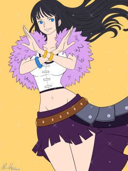 1girl aladdin_(ala21ddin21) belt black_hair blue_eyes blunt_bangs bracelet capelet commentary cowboy_shot dutch_angle eyelashes floating_clothes highres jewelry long_hair midriff navel nico_robin one_piece purple_shirt purple_skirt shirt sidelocks signature simple_background skirt smile solo twitter_username white_shirt yellow_background