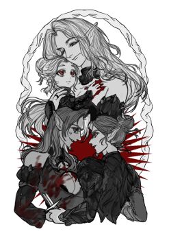 Rule 34 | 2girls, age progression, aged down, armor, artist request, baby, baldur's gate, baldur's gate 3, bare shoulders, blood, blood on chest, breasts, cleavage, closed eyes, collar, commission, dagger, dark elf, dungeons & dragons, dungeons &amp; dragons, elf, eye contact, greyscale, grin, hair bun, highres, holding, holding dagger, holding knife, holding weapon, jewelry, knife, long hair, looking at another, minthara, monochrome, mother and daughter, multiple girls, pauldrons, pointy ears, profile, red eyes, ring, second-party source, shoulder armor, single hair bun, smile, spot color, upper body, weapon, white background