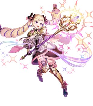 1girl armor armored_boots armored_dress attack black_boots black_dress black_gloves blonde_hair blush boots bow cape closed_mouth dress drill_hair elise_(fire_emblem) elise_(sincere_sister)_(fire_emblem) fire_emblem fire_emblem_fates fire_emblem_heroes full_body gloves hair_bow highres holding holding_staff long_hair looking_at_viewer mage_staff michi_(iawei) multicolored_hair nintendo non-web_source official_alternate_costume official_art pink_cape purple_eyes purple_hair simple_background smile solo sparkle staff thigh_boots twin_drills twintails
