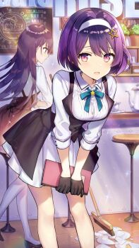 2girls bar_stool black_dress black_footwear black_gloves black_skirt black_vest blue_ribbon blush bob_cut broken_plate broom cafe coffee_pot collared_dress counter cup dress feet_out_of_frame frown girl_cafe_gun gloves hair_ornament hairband highres holding holding_broom holding_menu indoors leaning_forward long_hair looking_at_viewer menu menu_board multiple_girls neck_ribbon official_art overskirt pantyhose pink_eyes plant plate potted_plant profile purple_hair ribbon saucer shelf shi_wuxia shi_wuyou shirt short_hair siblings sisters skirt sleeves_pushed_up solo_focus sparkle rectangular_mouth standing star_(symbol) star_hair_ornament stool sunlight sweeping vest waitress white_dress white_hairband white_pantyhose white_shirt