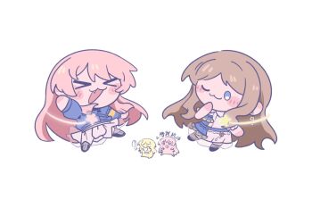 2girls :3 arm_up bang_dream! bang_dream!_it&#039;s_mygo!!!!! blue_eyes blue_jacket brown_hair chibi chibi_only chihaya_anon chinese_text commentary earrings fang highres jacket jewelry long_hair multiple_girls nagasaki_soyo open_mouth pink_hair simple_background skirt symbol-only_commentary tin_g translation_request white_background white_skirt