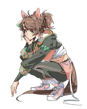 1girl ahoge animal_ears black_leggings black_shrug bow breasts brown_eyes brown_hair checkered_ribbon closed_mouth dantsu_flame_(center_spotlight)_(umamusume) dantsu_flame_(umamusume) ear_covers ear_ornament ear_ribbon hair_between_eyes head_rest horse_ears horse_girl horse_tail large_breasts leggings leggings_under_shorts long_sleeves midriff multicolored_hair navel ohayonabeno pink_shirt pink_shorts shirt shoes shorts shrug_(clothing) simple_background solo squatting tail tied_shirt umamusume white_background white_hair white_shirt