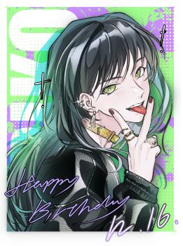 1girl absurdres bang_dream! bang_dream!_it's_mygo!!!!! black_hair black_jacket blush border chinese_commentary choker commentary_request dated earrings glint green_eyes green_hair happy_birthday hero45439083942 highres jacket jewelry long_sleeves looking_at_viewer multiple_rings original piercing ring solo tongue tongue_out tongue_piercing upper_body v v_over_mouth white_border yahata_riko yellow_choker