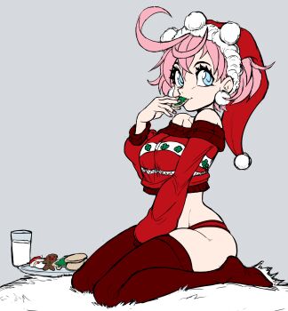 bare_shoulders blue_eyes christmas_sweater cleft_of_venus cookie eating elphelt_valentine food fur_rug glass_of_milk guilty_gear hat highres kneeling panties pink_hair red_panties santa_hat teevo thighhighs underwear