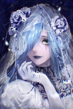 1girl absurdres blue_hair blue_lips bridal_veil chinese_commentary chromatic_aberration commentary dress eyeliner feathers flower gem gloves graves_(path_to_nowhere) hair_flower hair_ornament hair_over_one_eye highres ko_no_maoyu_da looking_at_viewer makeup mascara one_eye_covered parted_lips path_to_nowhere pearl_(gemstone) pearl_hair_ornament rose runny_makeup see-through_clothes see-through_veil smile solo upper_body veil wedding_dress white_dress white_feathers white_flower white_gloves white_rose yellow_eyes