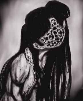 1girl body_horror collared_dress commentary_request dress faceless gestart333 greyscale highres horror_(theme) long_hair monochrome original parted_bangs puffy_short_sleeves puffy_sleeves short_sleeves solo trypophobia upper_body
