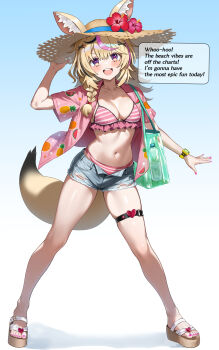 1girl animal_ear_fluff animal_ears bikini black_hair blonde_hair blue_shorts blush braid breasts commentary_request denim denim_shorts ears_through_headwear english_text facial_mark feet fingernails flower food_print fox_ears fox_girl fox_tail frilled_bikini frills fruit_print full_body gradient_background hair_between_eyes hair_ornament hat hat_flower heart highres hololive large_breasts legs_apart long_hair looking_at_viewer maro2ki3 multicolored_hair nail_polish omaru_polka open_clothes open_fly open_mouth open_shirt pink_hair pink_nails pink_shirt platform_sandals print_shirt red_flower sandals shirt short_shorts short_sleeves shorts single_braid smile solo standing straw_hat streaked_hair striped_bikini striped_clothes swimsuit tail thigh_strap toenail_polish toenails toes transparent_bag virtual_youtuber watch wristwatch x_hair_ornament