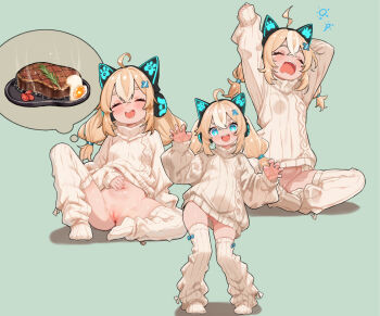 1girl ahoge animal_ear_headphones animal_ears blonde_hair blue_bow blue_eyes bottomless bow bow_legwear breasts bright_pupils cat_ear_headphones cat_ears claw_pose commentary contrapposto drooling fake_animal_ears food fried_egg full_body fuyukawa_(kogimiwa64338) gluteal_fold hair_ornament headphones imagining knee_up long_sleeves loose_socks medium_hair mixed-language_commentary multicolored_hair multiple_views naked_sweater navel original pussy ribbed_socks ribbed_sweater scratching_stomach sitting sleeves_past_wrists small_breasts socks speech_bubble standing steak stomach streaked_hair stretching sweater teeth thigh_gap thighhighs thought_bubble twintails two-tone_hair uncensored upper_teeth_only white_hair white_pupils x_hair_ornament yawning