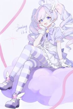 1girl :d ahoge blue_archive bow commentary_request crossed_legs dress drill_hair gloves hair_ornament highres long_hair looking_at_viewer multicolored_hair open_mouth pantyhose pink_hair purple_eyes purple_hair reisa_(blue_archive) reisa_(magical)_(blue_archive) shoes short_sleeves sitting smile solo star_(symbol) star_hair_ornament streaked_hair striped_clothes striped_pantyhose twin_drills twintails white_gloves wing_hair_ornament zhipian_eli
