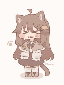 &gt;_&lt; 1girl ahoge animal_ear_fluff animal_ears biachan_(colon_br) black_skirt blush_stickers brown_hair capelet cat_ears cat_girl cat_hair_ornament cat_tail chibi chibi_only closed_eyes colon_br commentary_request frilled_capelet frills full_body grey_capelet hair_between_eyes hair_ornament highres long_hair long_sleeves open_mouth original paw_print shirt sidelocks simple_background skirt solo standing sweat tail thighhighs twitter_username very_long_hair white_background white_shirt white_thighhighs