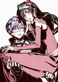 1boy 1girl absurdres black_hair blue_eyes code_geass dress elbow_gloves glasses gloves highres holding knife kobayashiyouyouko lifting_person lloyd_asplund long_hair looking_at_viewer nina_einstein pink_dress pink_gloves short_hair simple_background sweatdrop white_background white_hair