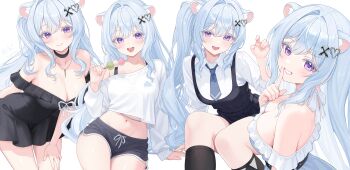 1girl absurdres animal_ears armpit_crease bare_shoulders belt bibixart black_choker black_dress black_shorts black_skirt black_socks bra_strap breasts chain choker cleavage closed_mouth collarbone collared_shirt colored_eyelashes commentary crop_top crop_top_overhang dango dolphin_shorts drawstring dress english_commentary finger_to_mouth food frilled_dress frills from_side grin hair_ornament hand_on_own_thigh hand_up heart heart_hair_ornament highres holding holding_food indie_virtual_youtuber jewelry kneehighs large_breasts leaning_forward long_hair long_sleeves looking_at_viewer looking_to_the_side medium_breasts midriff miniskirt mitsuvu multiple_views navel necklace necktie off-shoulder_dress off_shoulder one_side_up open_mouth pleated_skirt purple_eyes ribbon_choker sanshoku_dango shirt short_dress short_necktie short_shorts shorts shushing side_ponytail sidelocks simple_background sitting skirt skirt_set small_breasts smile socks standing stomach thighs upper_body v-shaped_eyebrows very_long_hair virtual_youtuber wagashi white_background white_choker white_dress white_eyelashes white_hair white_shirt x_hair_ornament