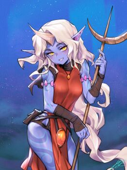 1girl absurdres bare_shoulders breasts colored_skin commentary cowboy_shot dress grin highres holding horns jewelry large_breasts league_of_legends long_hair night orange_dress outdoors phantom_ix_row pointy_ears purple_skin single_horn smile solo soraka_(league_of_legends) symbol-only_commentary teeth very_long_hair white_hair yellow_eyes