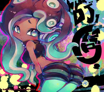 1girl ass ass_focus brown_hair c: colored_tips crop_top dark-skinned_female dark_skin front_zipper green_eyes green_hair green_pantyhose hands_on_own_thighs looking_at_viewer looking_back marina_(splatoon) mole mole_under_eye multicolored_hair naoto_(yandereheaven) nintendo octoling oversized_zipper pantyhose raised_inner_eyebrows smile splatoon_(series) splatoon_2 tentacle_hair zipper