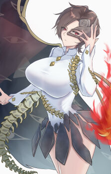 1girl absurdres asymmetrical_wings bone breasts brown_hair brown_mask buttoned_cuffs buttons closed_mouth covered_navel curvy diamond_button eye_print eyes_on_wings eyes_visible_through_hair fiery_wings fossilized_wonders gold_buttons hair_over_one_eye half_mask highres huge_breasts iwanaga_ariya leotard looking_at_viewer mask mask_over_one_eye parted_hair red_eyes rh_thunderriver ribbon_around_body short_hair simple_background skeletal_clothes skeletal_tail skeletal_wings skirt solo spinal_cord tail touhou white_background white_leotard wide_hips wings