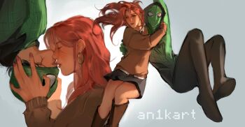 2girls an1kart artist_name black_bodysuit black_hair black_hoodie black_skirt bodysuit boots brown_boots brown_sweater carrying carrying_person closed_eyes collared_shirt commentary earrings english_commentary gradient_bodysuit green_bodysuit green_mask highres hood hoodie hoop_earrings jewelry kininatteru_hito_ga_otoko_ja_nakatta kiss koga_mitsuki marvel multiple_girls oosawa_aya pink_hair shirt skirt spider-man_(series) sweater upside-down_kiss white_shirt yuri