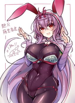 Rule 34 | 1girl, animal ears, blush, bodysuit, breasts, commentary request, hood, kodama yuu, large breasts, long hair, open mouth, playboy bunny, purple hair, rabbit ears, red eyes, sengoku bushouki muramasa, simple background, smile, solo, standing, toudou takatora (sengoku bushouki muramasa), translation request, very long hair, white background