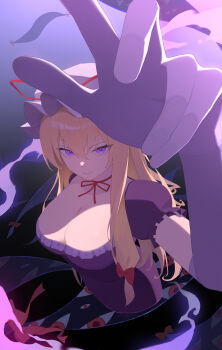 Rule 34 | 1girl, absurdres, blonde hair, bow, breasts, cleavage, commentary request, dress, foreshortening, gloves, hand focus, hat, highres, large breasts, looking at viewer, mob cap, palulap, puffy short sleeves, puffy sleeves, purple dress, purple gloves, red bow, short sleeves, solo, touhou, yakumo yukari