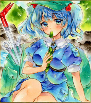 1girl backpack bag bare_legs beads blue_eyes blue_hair blue_shirt blue_skirt breasts cucumber food_in_mouth frilled_shirt_collar frills green_bag green_hat hair_beads hair_ornament hat kawashiro_nitori lake large_bag marker_(medium) medium_breasts newsboy_cap puffy_short_sleeves puffy_sleeves shirt short_sleeves sitting skirt skirt_pocket solo takadono318 thighs tools touhou traditional_media twintails white_sleeves