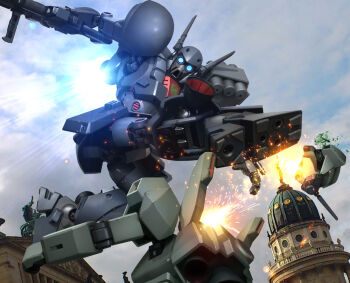 3d battle beam_cannon building cloud commentary_request crossbone_vanguard damaged debris decapitation den&#039;an_gei duel explosion flying_kick gundam gundam_f91 hiropon_(tasogare_no_puu) jegan kicking machinery mecha mecha_focus photo_background realistic robot science_fiction severed_head sparks thrusters window
