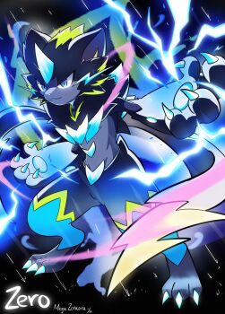 animal_ears animal_nose artist_name black_fur blue_eyes blue_fur body_fur cat claws electricity fangs furry highres horns mega_pokemon mega_zeraora nintendo pokemon pokemon_(creature) single_horn spikes two-tone_fur v-shaped_eyes whiskers yellow_trim zero_30924